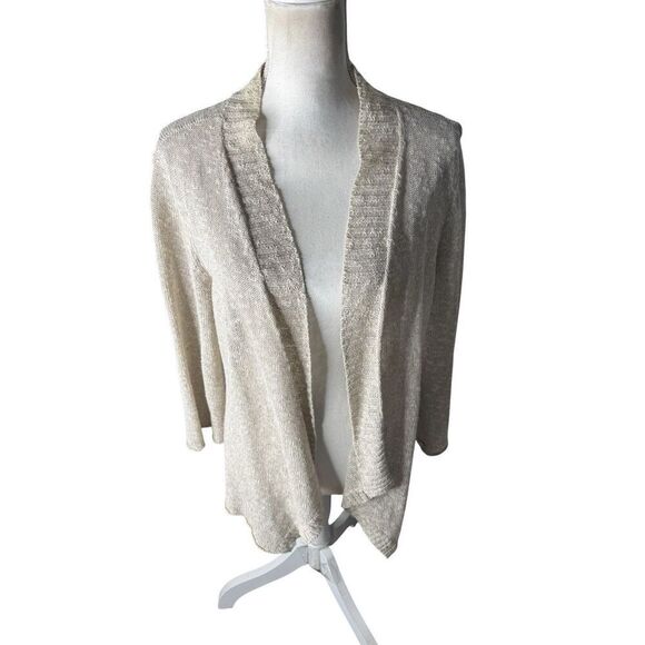 Eileen Fisher beige linen blend 3/4 sleeve open front cardigan Large - Picture 1 of 5